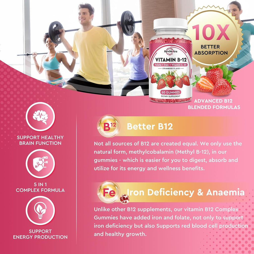 Vitamin B12 Gummies 5000 mcg con Hierro, Vitamina C, D3 y Folato - Complemento Alimenticio en Gominolas Sabor Fresa