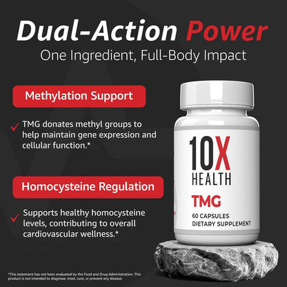 10X Health TMG - Suplemento de Trimetilglicina para Hígado, Corazón y Energía - 60 Cápsulas