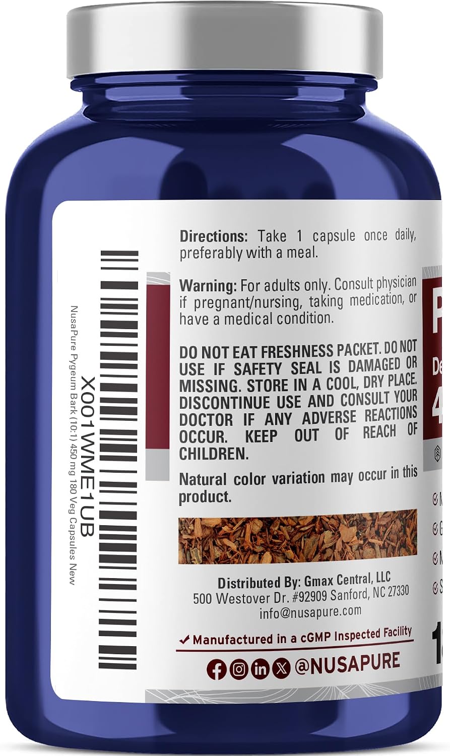 NusaPure Pygeum Bark Cápsulas, 450 mg, 180 Cápsulas Vegetales (No-GMO, Vegano)