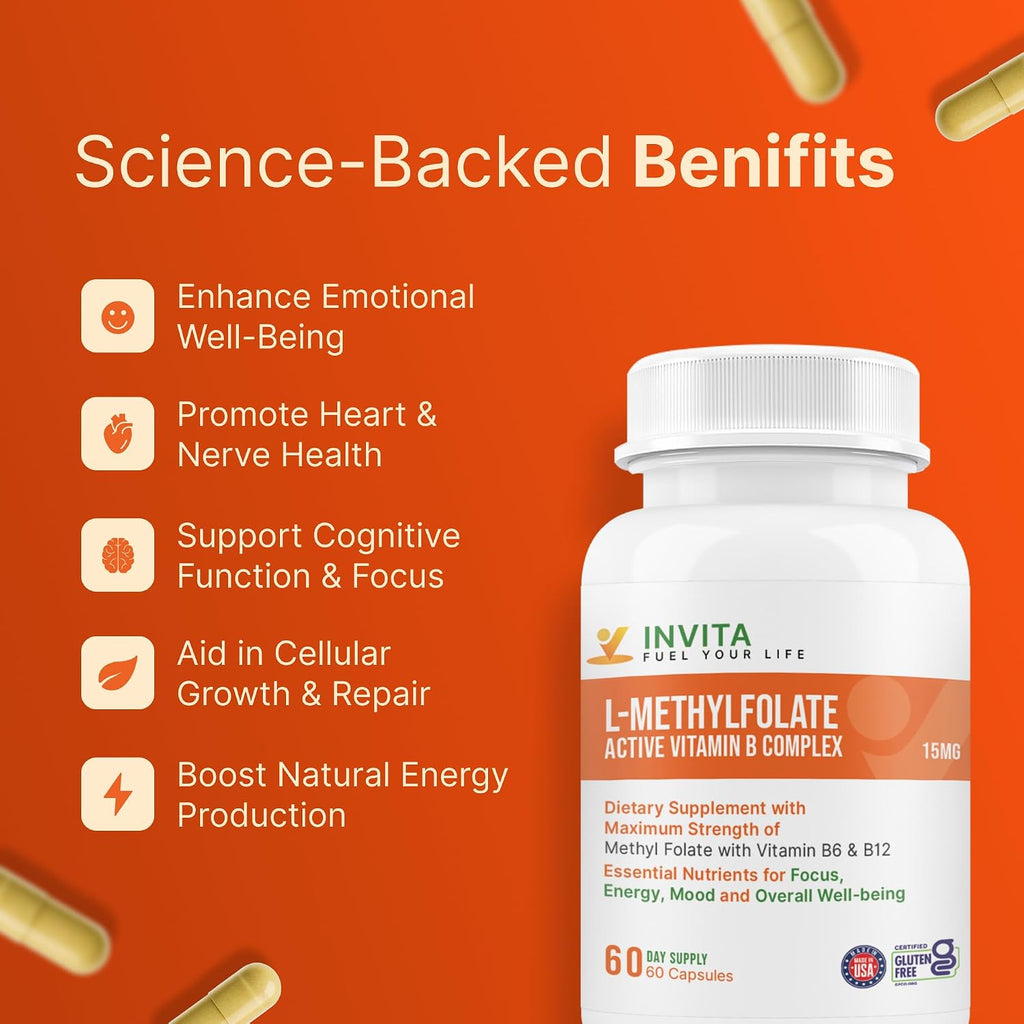 INVITA L-Metilfolato 15mg + Complejo B Activo – 60 Cápsulas – Suplemento con B6 y B12 Metilcobalamina