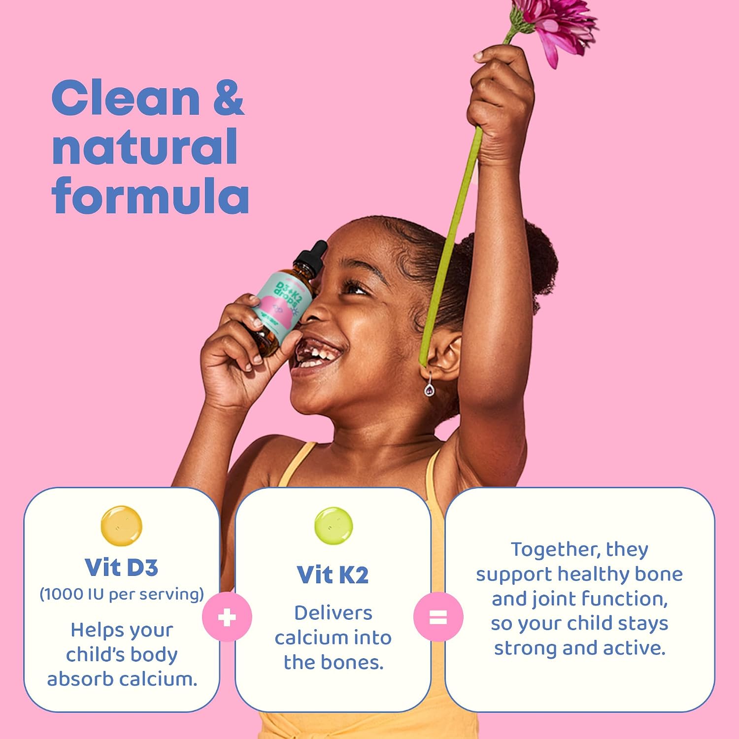 JoySpring Gotas de Vitamina D3 con K2 para Niños – Suplemento Líquido para la Absorción de Calcio – 360 Dosis (59 ml)