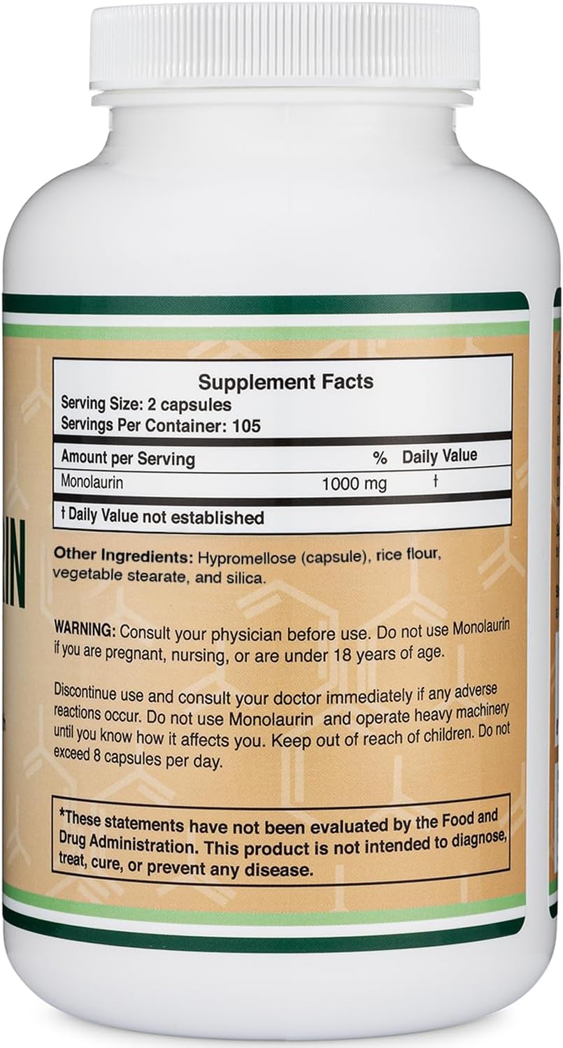 Monolaurin 1000mg por Ración, 210 Cápsulas (Vegano, Sin Gluten, No GMO) - Double Wood