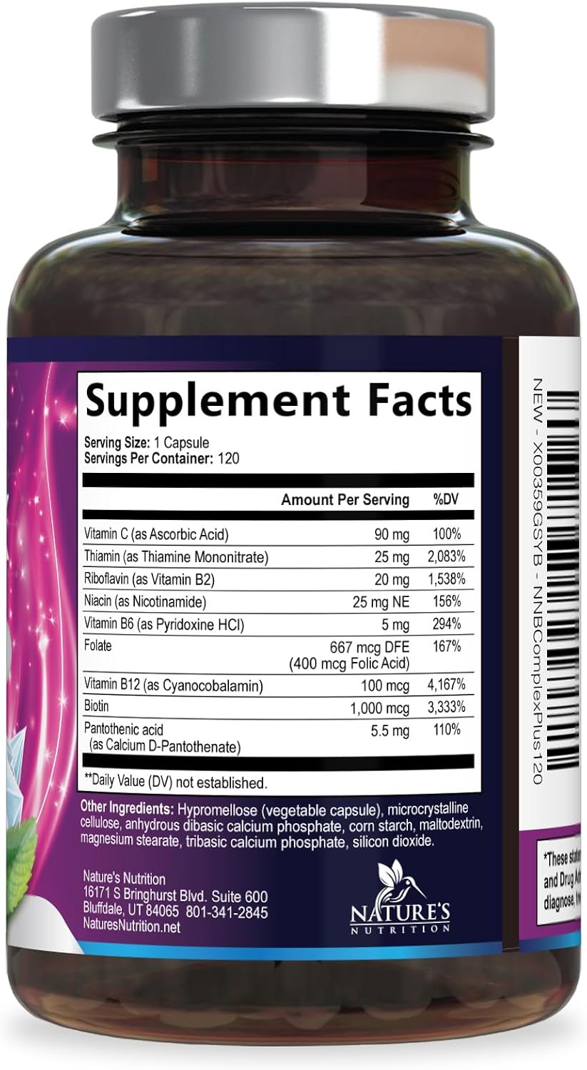 Complejo B-100 Completo con Vitaminas B12, B6, C, Biotina y Folato - 120 Cápsulas