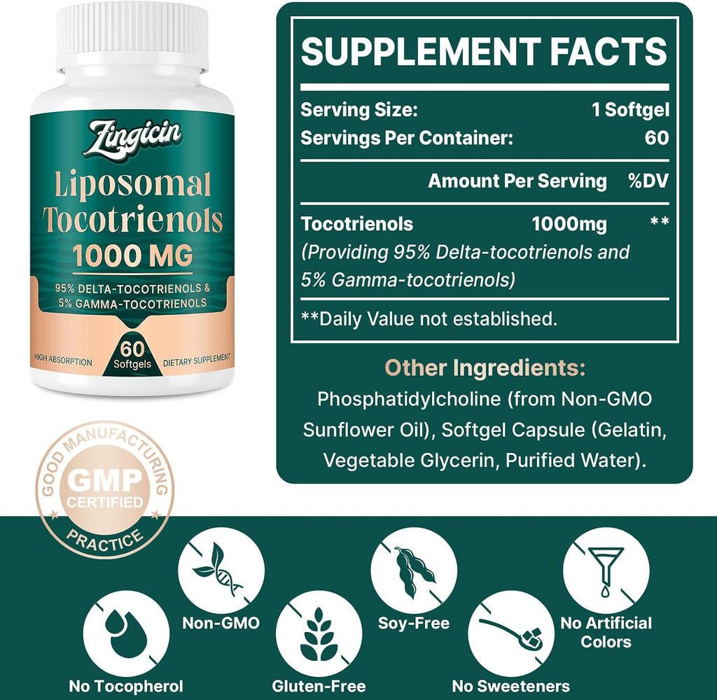 Vitamina E Tocotrienoles Liposomales 1000mg - Suplemento de Delta y Gamma Tocotrienol para Huesos y Antioxidante, 120 Cápsulas