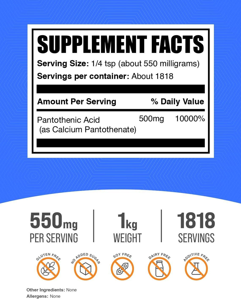 BulkSupplements.com Vitamina B5 en Polvo - como Pantotenato de Calcio, 500 mg por ración, 1 kg (2,2 lbs)
