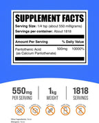 BulkSupplements.com Vitamina B5 en Polvo - como Pantotenato de Calcio, 500 mg por ración, 1 kg (2,2 lbs)
