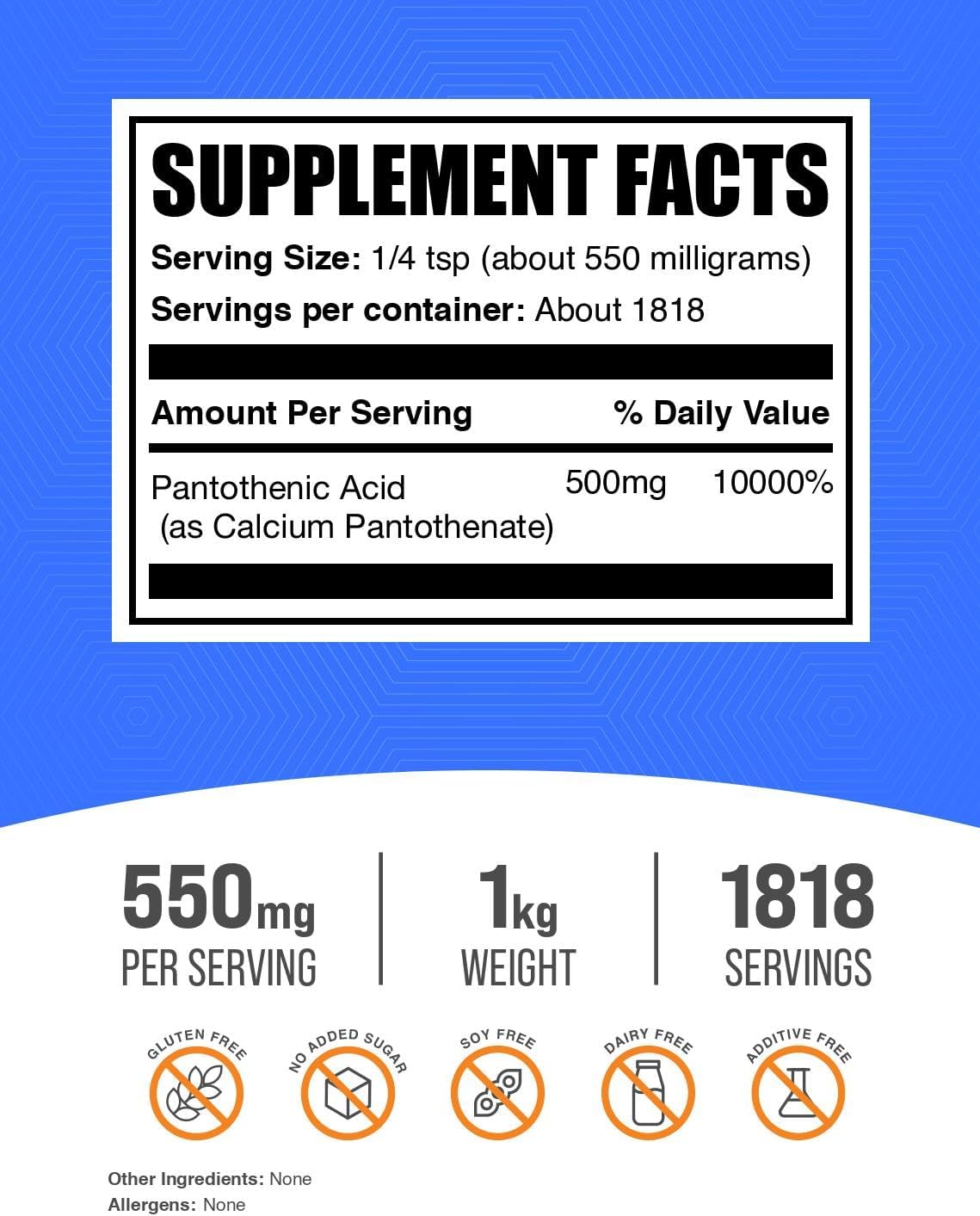 BulkSupplements.com Vitamina B5 en Polvo - como Pantotenato de Calcio, 500 mg por ración, 1 kg (2,2 lbs)