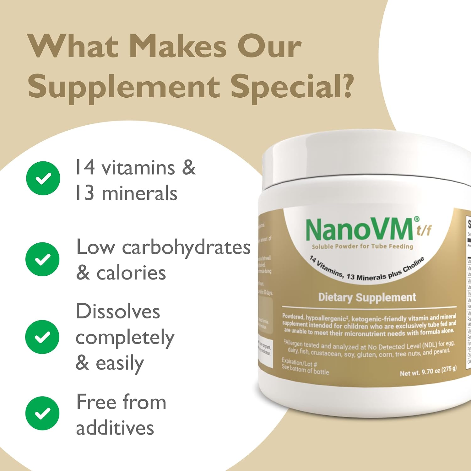 NanoVM t/f, Complemento Alimenticio para Nutrición por Sonda, Multivitamínico Infantil Hipoalergénico, Polvo sin Sabor con 14 Vitaminas y 13 Minerales, Bajo en Carbohidratos, 275 g – Solace Nutrition
