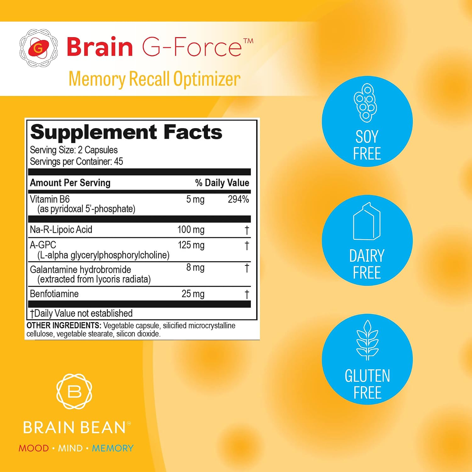Brain G-Force | Suplemento para la Función Cognitiva | con Galantamina, Ácido R-Lipoico, A-GPC y Benfotiamina | 45 Servicios