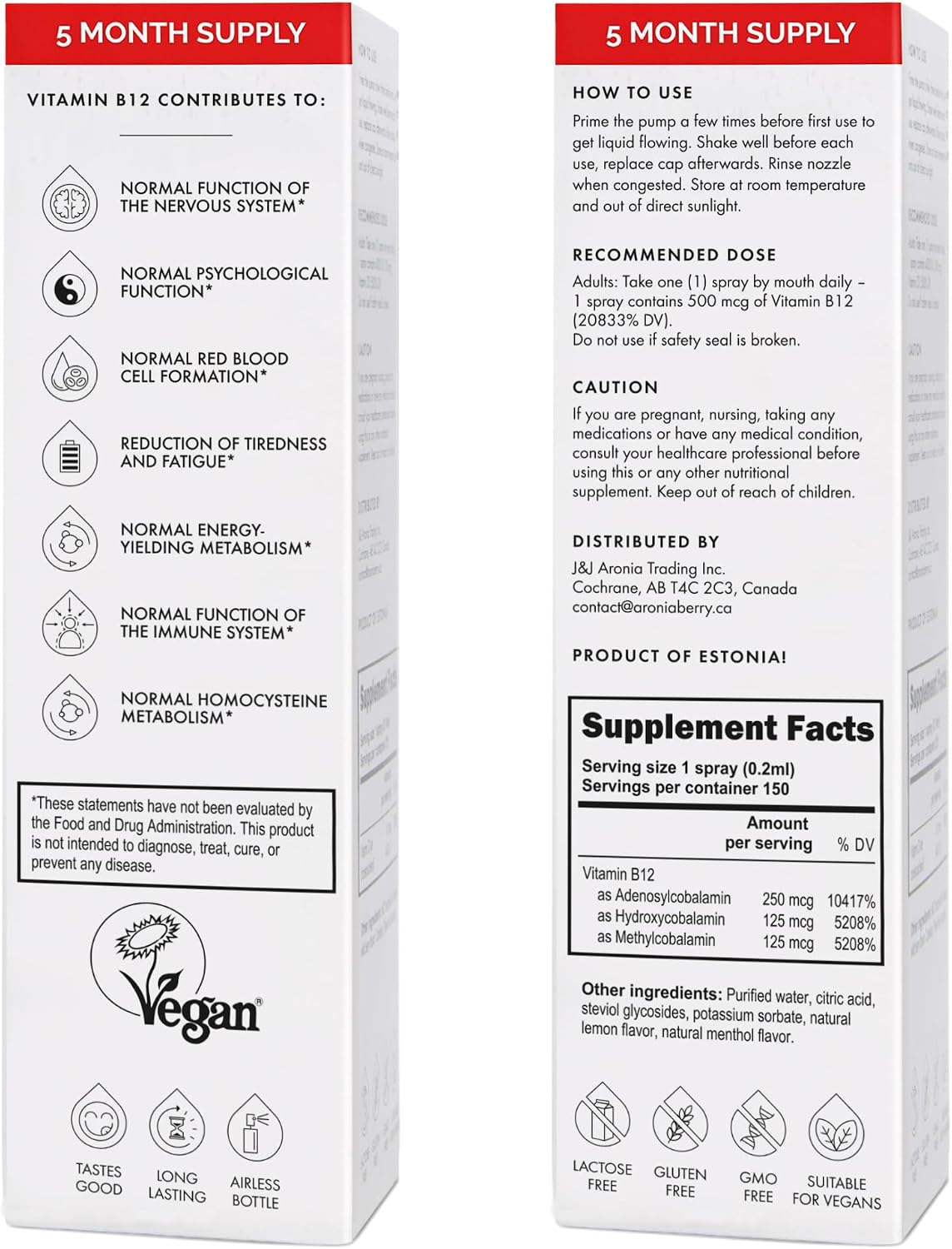 NorVita Vitamina B12 Spray 500 mcg (150 dosis) - Complejo MHA (Metilcobalamina, Hidroxicobalamina, Adenosilcobalamina) - Vegano, No-GMO