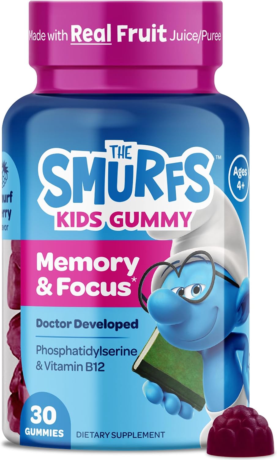 Smurfs Focus Gummies para Niños | Suplemento de Concentración con Fosfatidilserina | 30 Gominolas