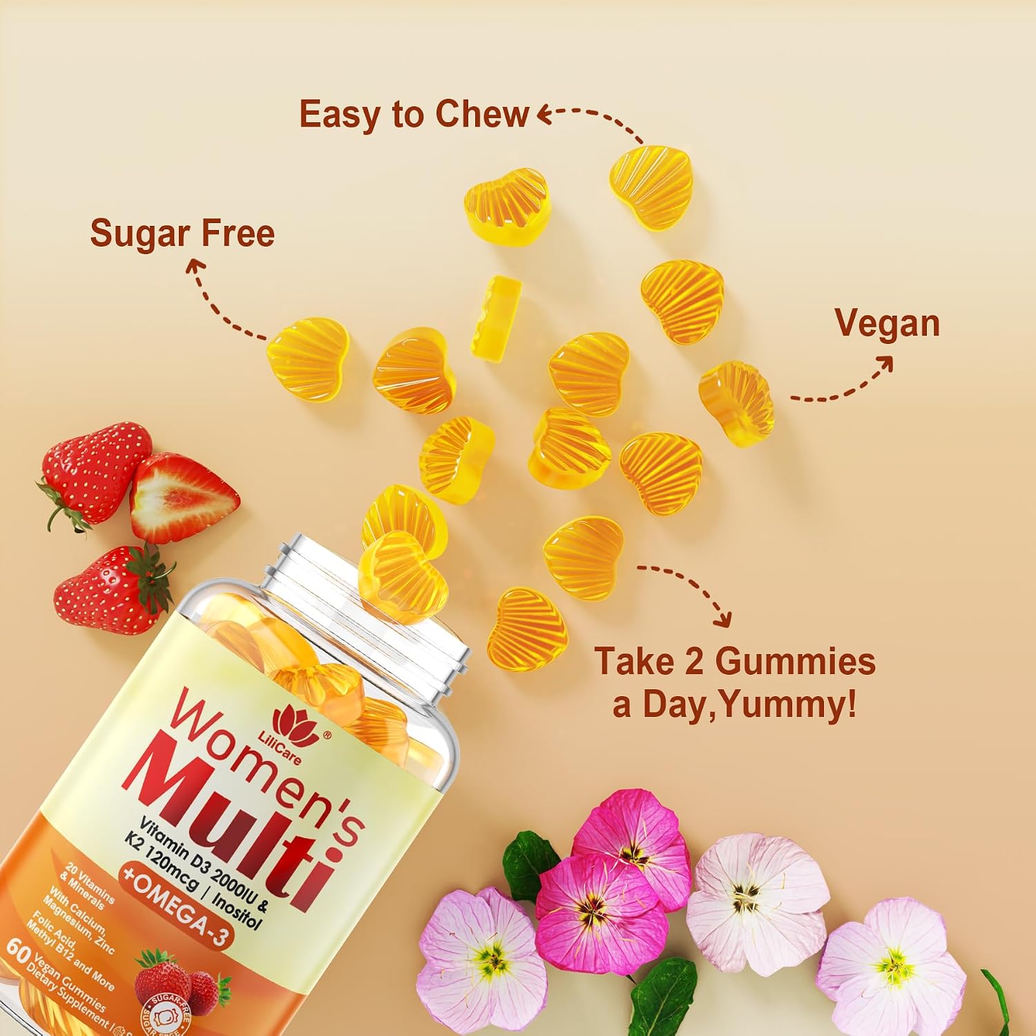 LILICARE Gominolas Multivitamínicas para Mujer con Omega-3, D3+K2 y B12 Metilada - Sin Azúcar (120 uds)