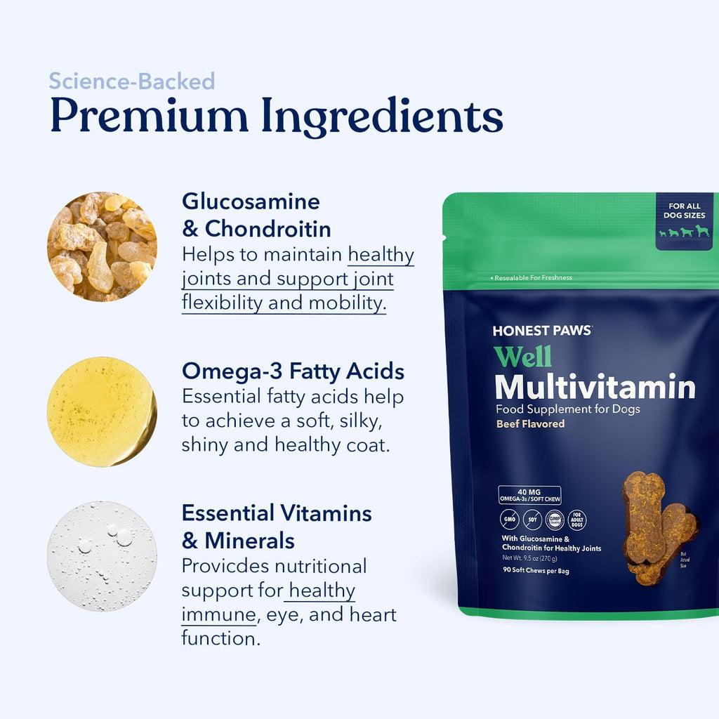 Honest Paws Multivitamínico para Perros - 90 Golosinas Blandas con Glucosamina, Condroitina y Omega-3 - Sabor a Carne de Res