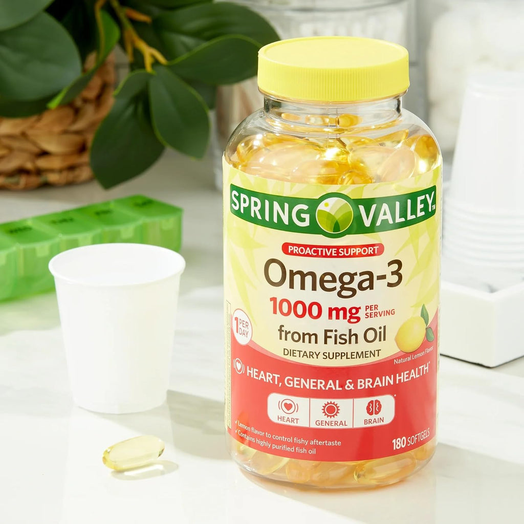 Spring Valley Omega-3 1000 mg Aceite de Pescado, 180 Perlas Blandas, Sabor Limón
