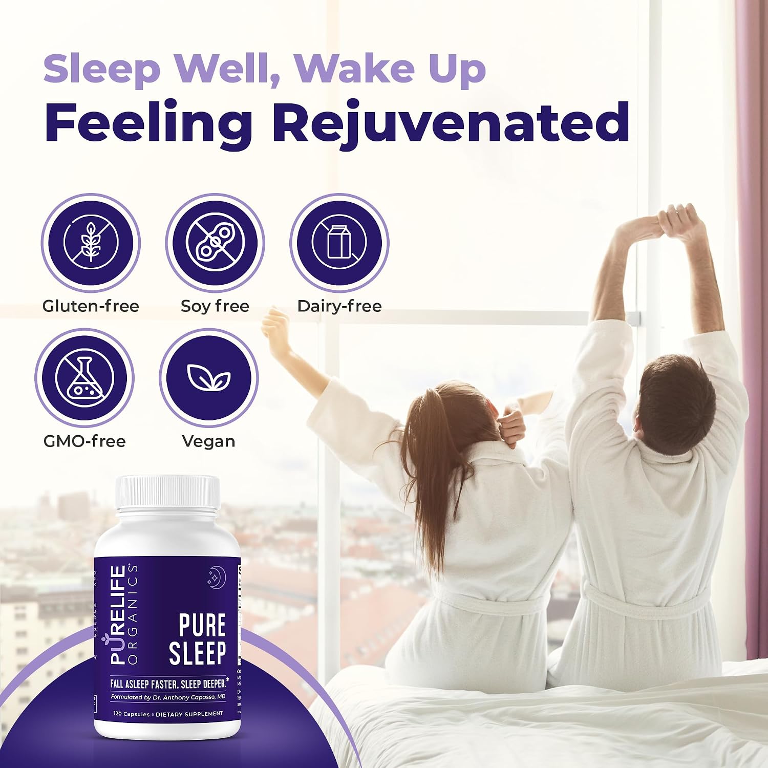 PureLife Organics Pure Sleep - Suplemento para el Sueño Profundo - 30 Días - 120 Cápsulas Veganas y Sin Gluten - Formulado por Médico