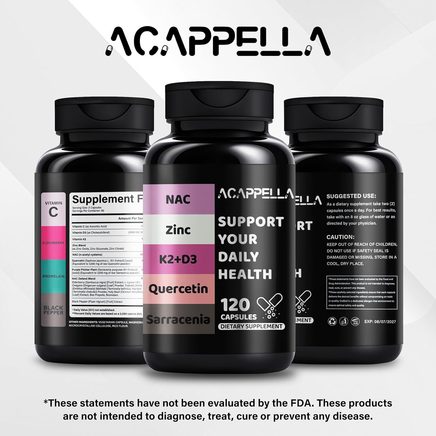 ACAPPELLA N-Acetil Cisteína (NAC) Complejo con Vitamina D3 K2, Zinc, Quercetina, Sarracenia, Saúco, Propóleo y Más - 120 Cápsulas