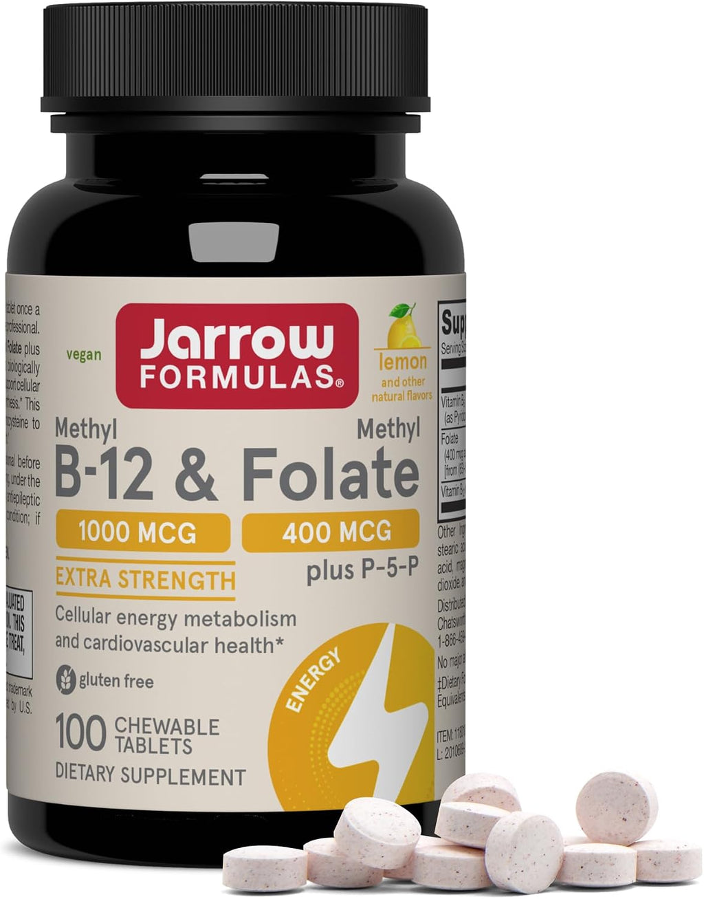 Jarrow Formulas Metil B-12 y Metil Folato - 100 Pastillas Masticables