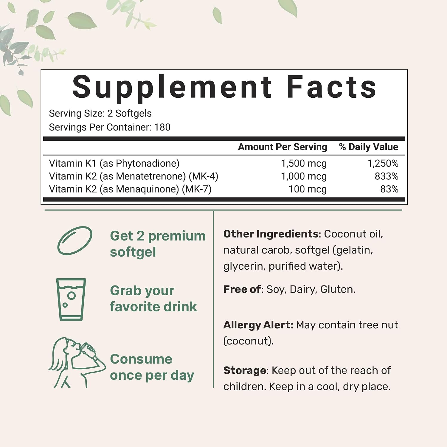 Super Vitamin K Complex (K2 MK7 + MK4 & K1), 360 Cápsulas de Aceite de Coco | Vitaminas K Fácilmente Absorbibles