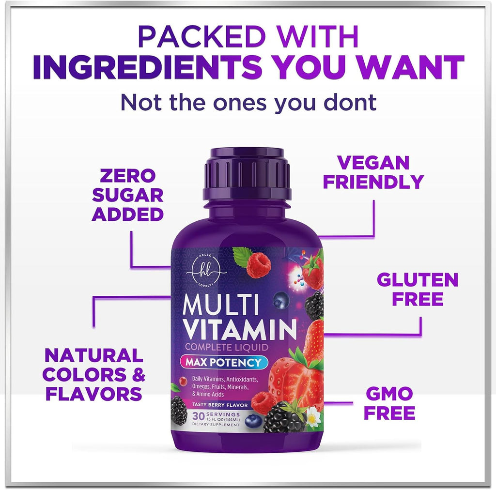 Hello Lovely! Multivitamínico Líquido Sin Azúcar - Complejo de Vitaminas A, C, D, B12, Biotina y Zinc - Sabor Bayas, 444 ml