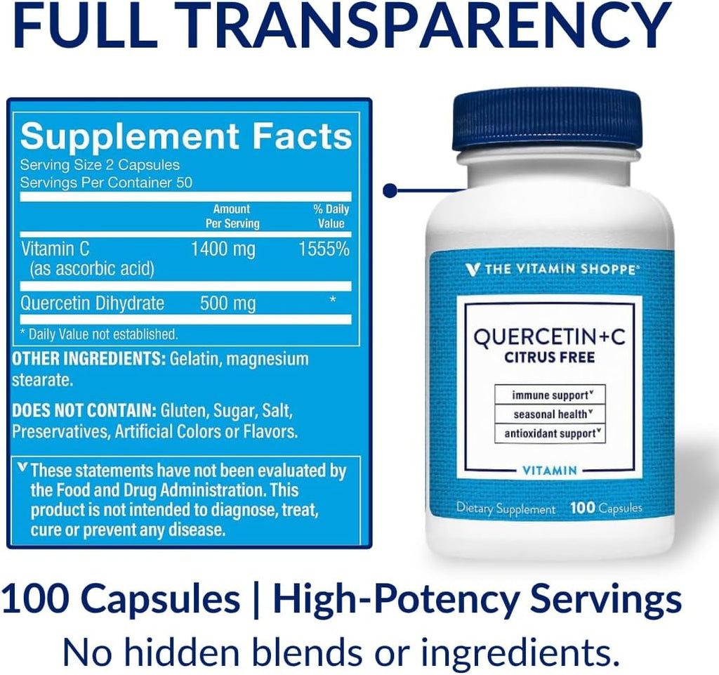 The Vitamin Shoppe Quercetina + C Sin Cítricos, 1400 mg de Vitamina C y 500 mg de Quercetina, 100 Cápsulas