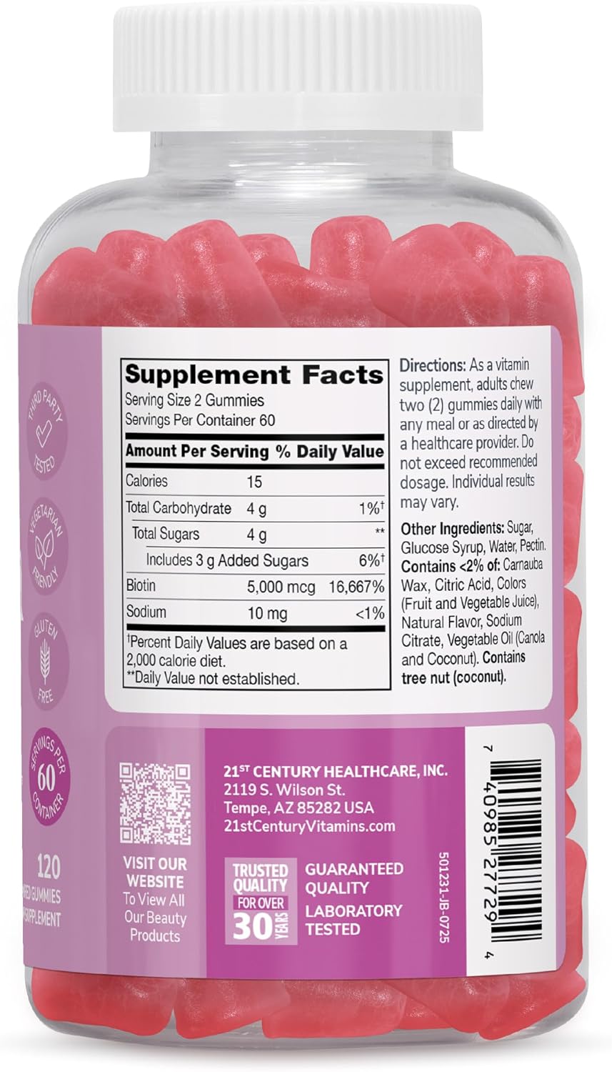 Gominolas de Biotina 5000 mcg - 21st Century - 120 unidades - Sabor Fresa Natural