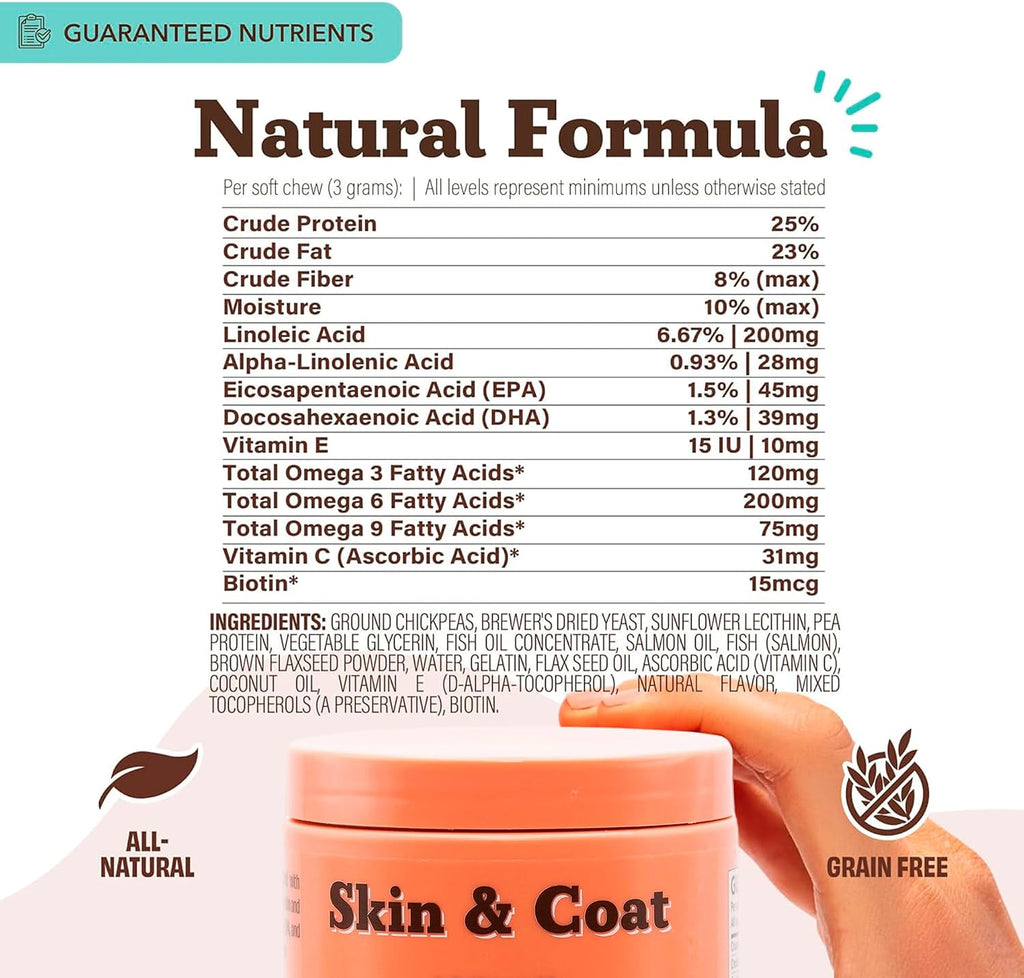 Suplemento Masticable para Perros Piel y Pelaje – Aceite de Salmón Omega 3, Biotina y Vitamina E – 180 unidades