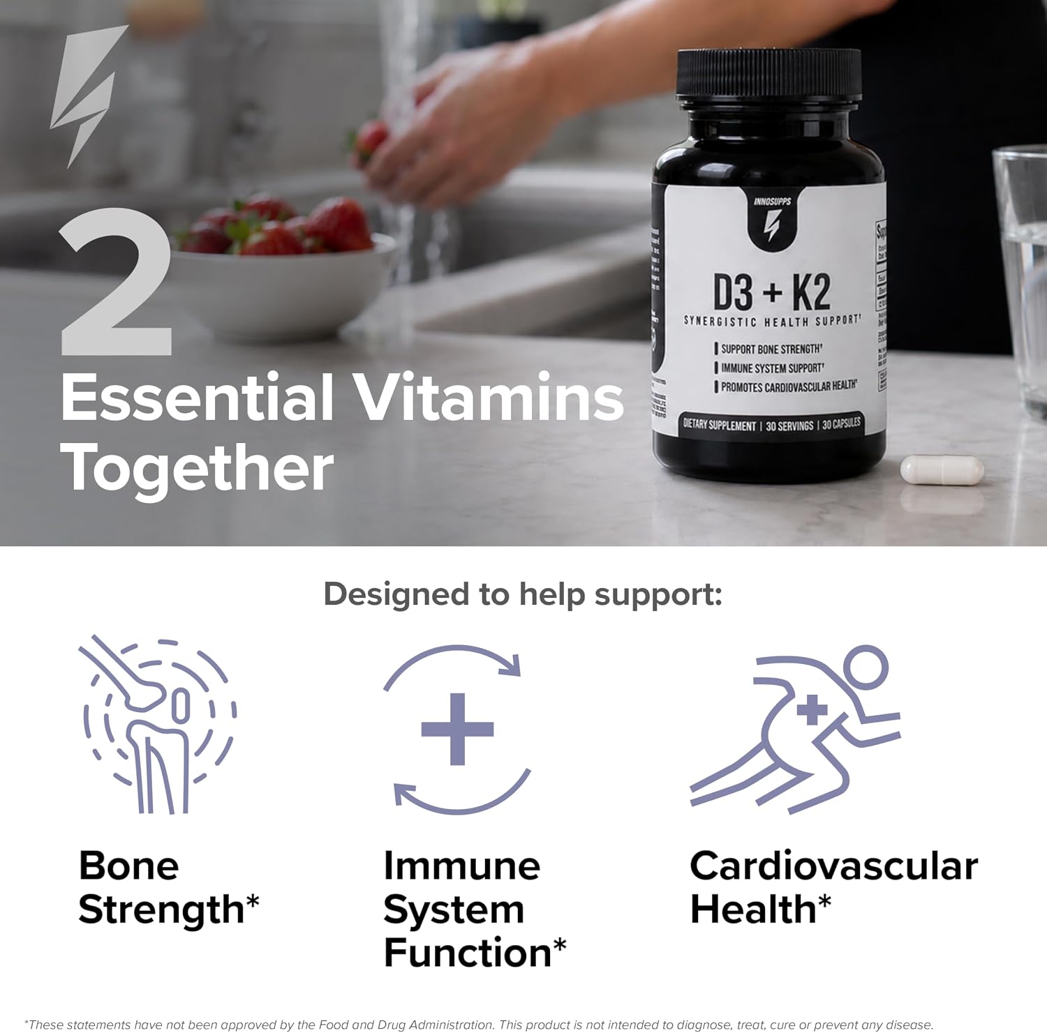 Inno D3+K2 - Vitamina D3, K2 y Magnesio (30 Cápsulas)
