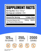 BulkSupplements Tiamina Mononitrato en Polvo - Vitamina B1, 125mg por Dosis, 250g