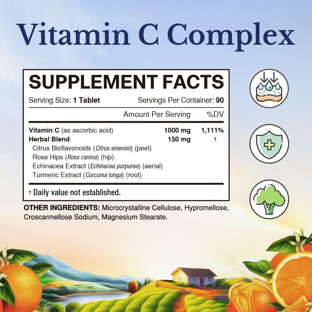 Vitalitown Complejo de Vitamina C 1000 mg con Escaramujo, Bioflavonoides, Cúrcuma y Equinácea - 90 Comprimidos