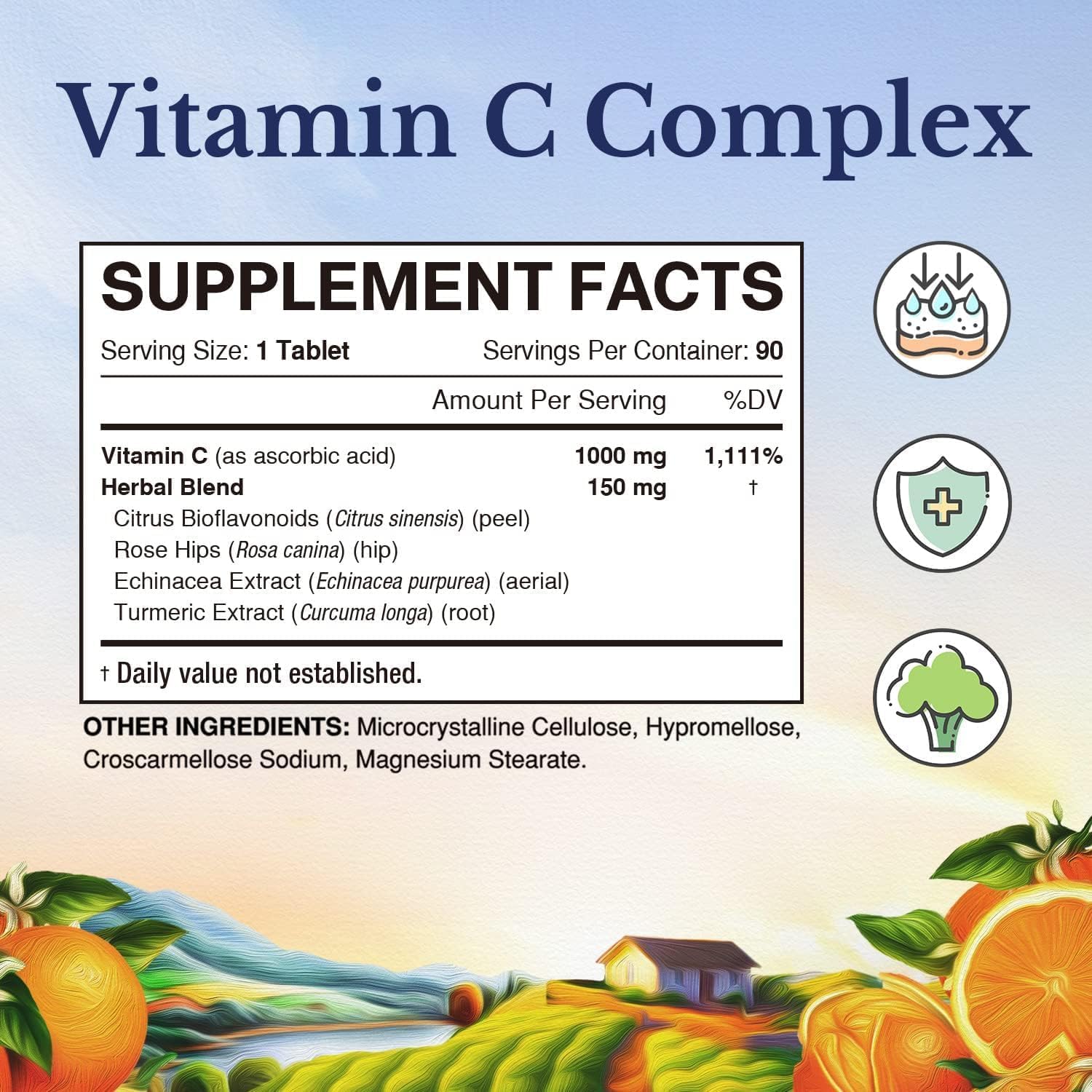 Vitalitown Complejo de Vitamina C 1000 mg con Escaramujo, Bioflavonoides, Cúrcuma y Equinácea - 90 Comprimidos