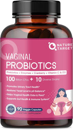Nature Target Probióticos Vaginales para Mujeres, 100 Mil Millones UFC con Prebióticos, Enzimas Digestivas, Arándano Rojo y D-Mannose - Apoyo al pH y Salud Urinaria - 90 Cápsulas
