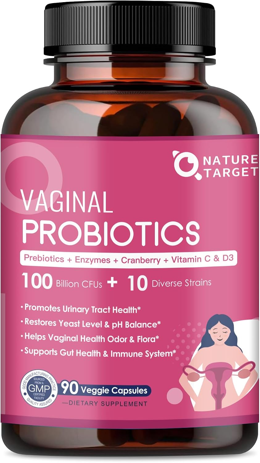 Nature Target Probióticos Vaginales para Mujeres, 100 Mil Millones UFC con Prebióticos, Enzimas Digestivas, Arándano Rojo y D-Mannose - Apoyo al pH y Salud Urinaria - 90 Cápsulas