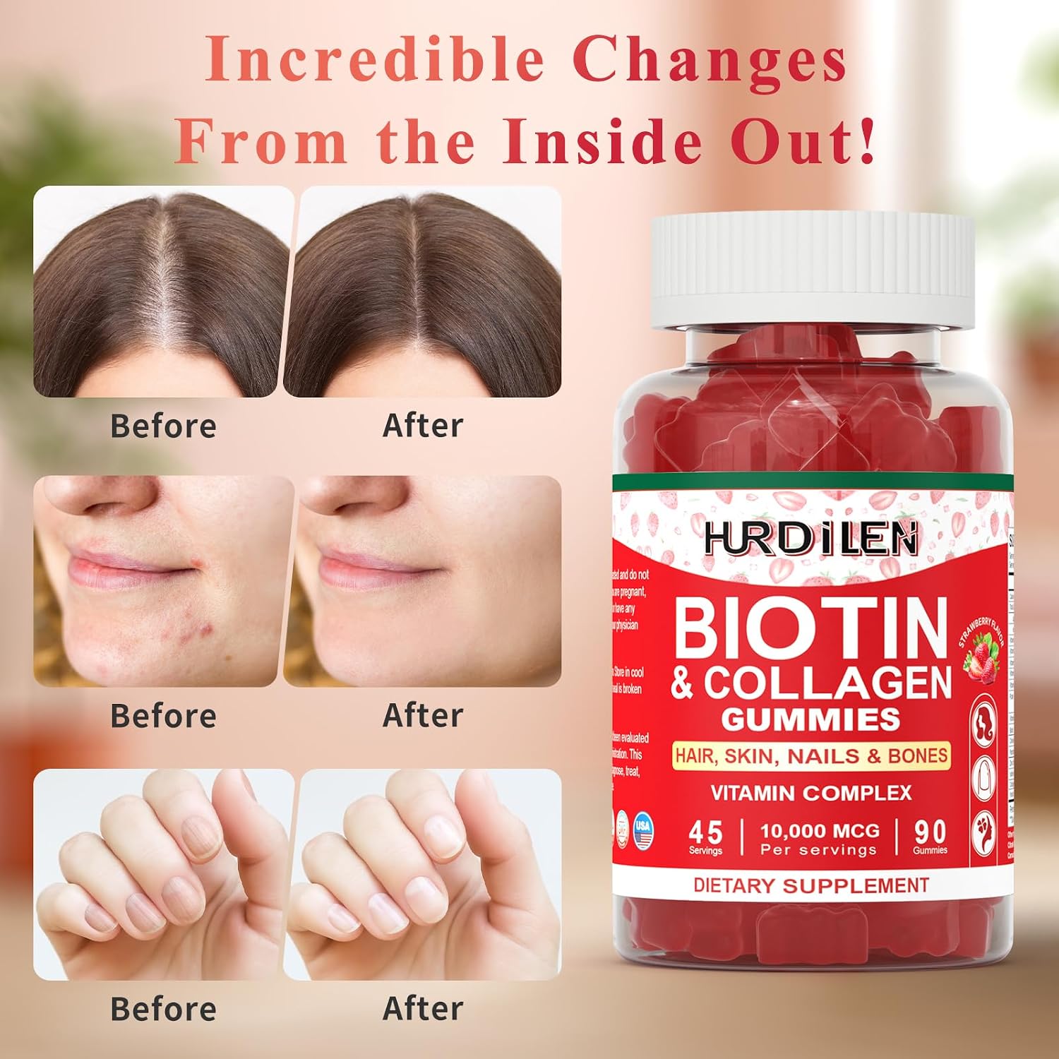 Hurdilen Biotina Colágeno Gummies 10000mcg - 90 Gominolas para Cabello, Piel y Uñas