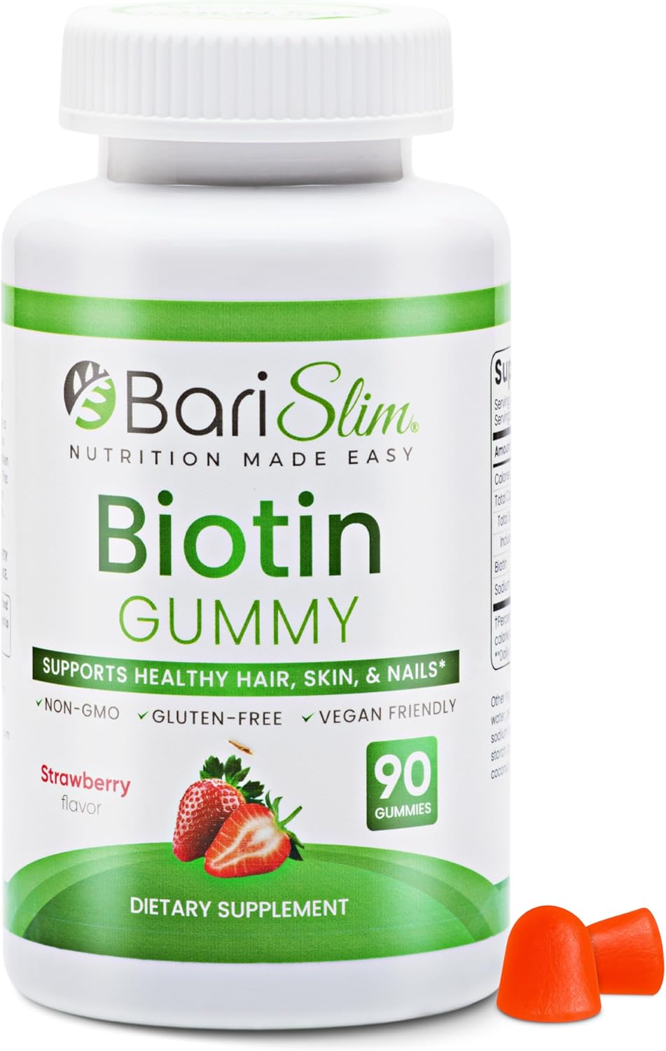 BariSlim Biotina 5000 mcg Gomitas - Suplemento de Biotina para el Cabello, Piel y Uñas - Fácil Digestión - Sabor Fresa Natural - 90 Gomitas