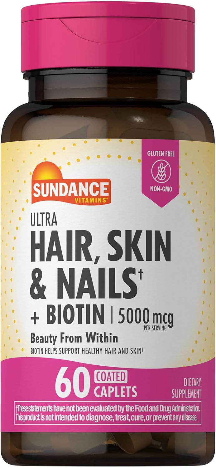 Sundance Vitamins Hair, Skin & Nails - 5000mcg Biotin with Collagen - 60 Coated Caplets - Gluten-Free & Non-GMO
