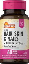 Sundance Vitamins Hair, Skin & Nails - 5000mcg Biotin with Collagen - 60 Coated Caplets - Gluten-Free & Non-GMO