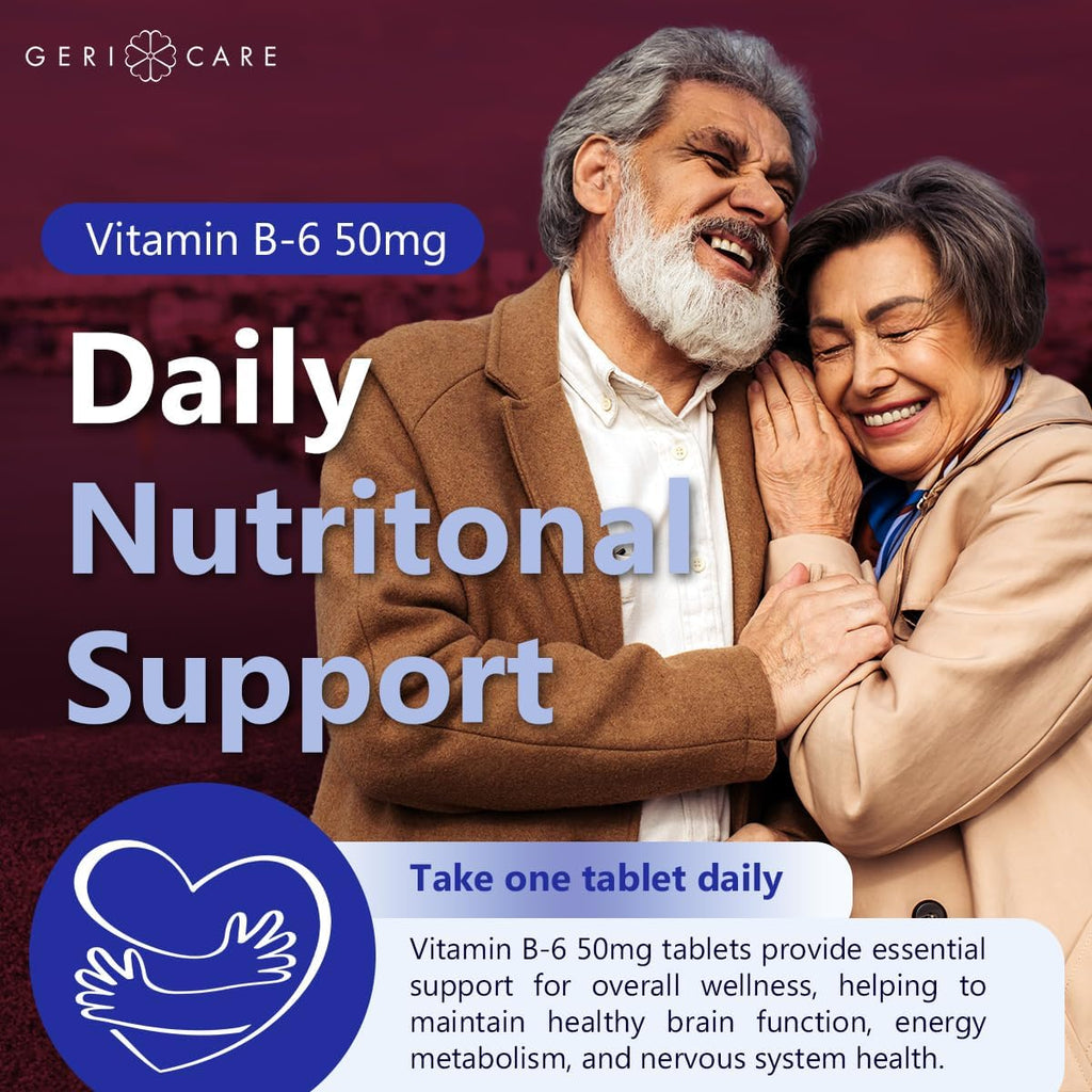 GeriCare Vitamina B-6 50 mg - Apoyo Nutricional para la Función Cerebral, Metabolismo y Sistema Nervioso - 100 Comprimidos