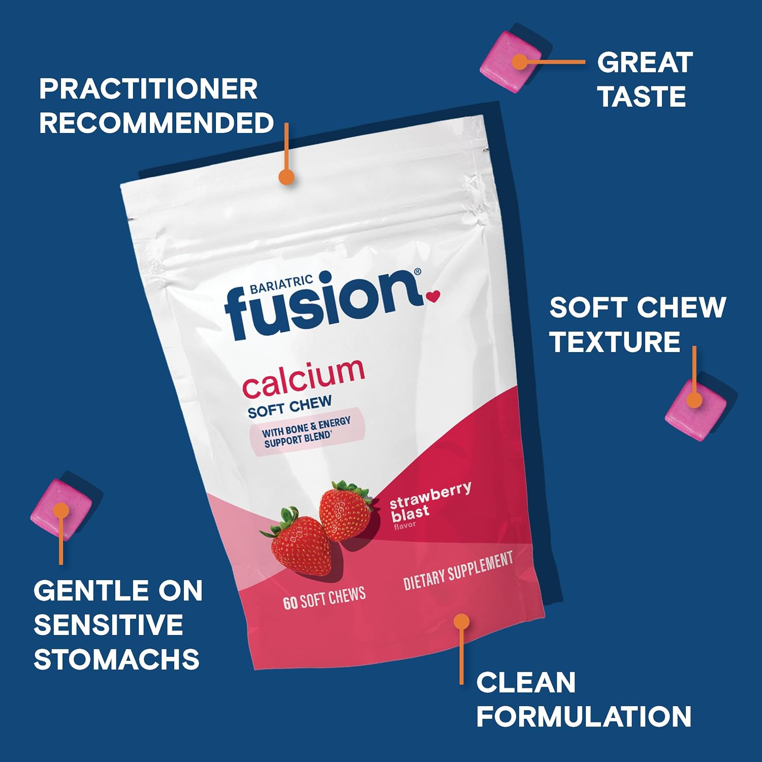 Bariatric Fusion Calcio Citrato con Vitamina D3 - Masticables Sabor Fresa - 60 unidades