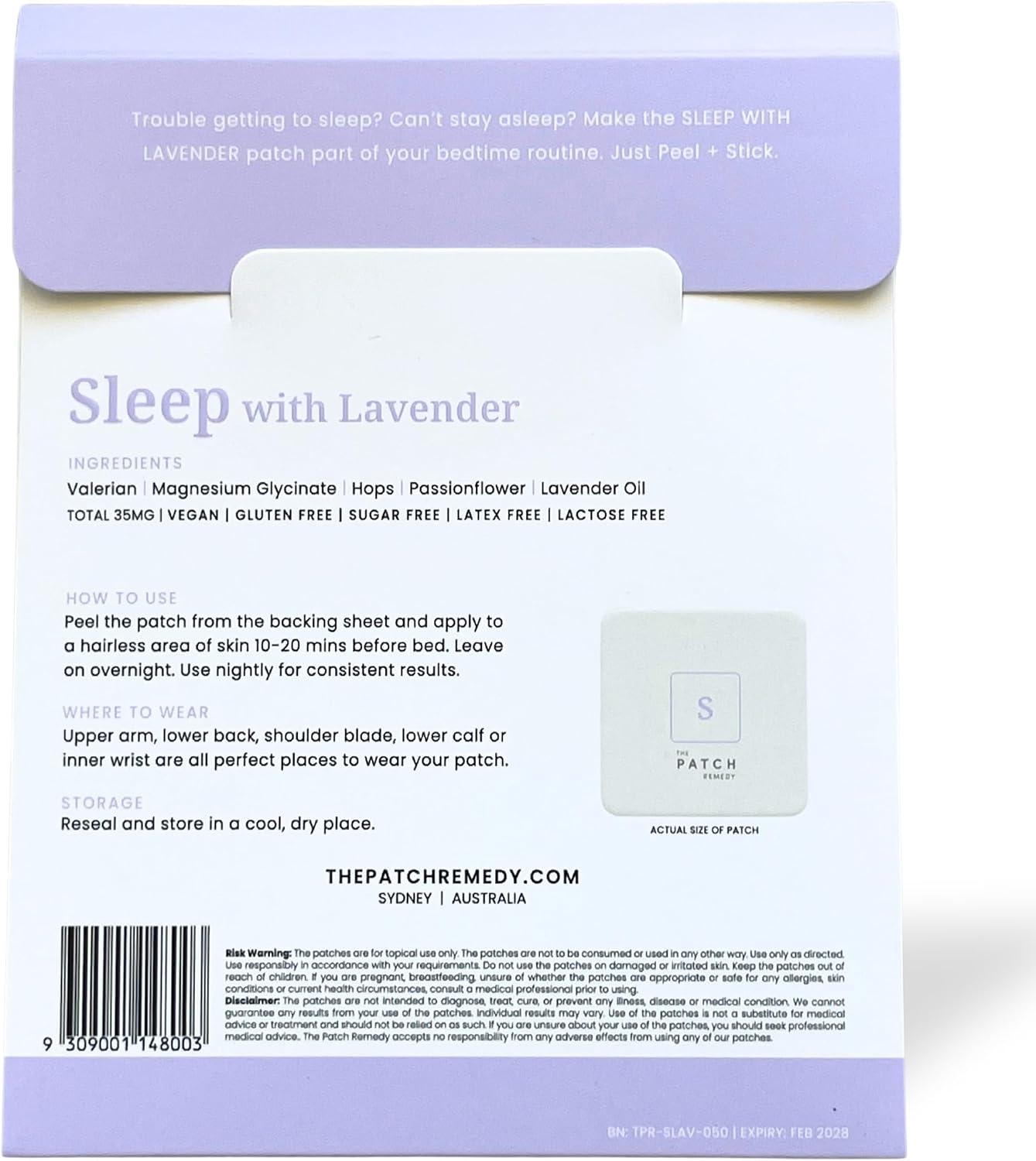 The Patch Remedy Sleep con Lavanda | Valeriana, Pasiflora, Lúpulo, Glicinato de Magnesio | 30 Parches
