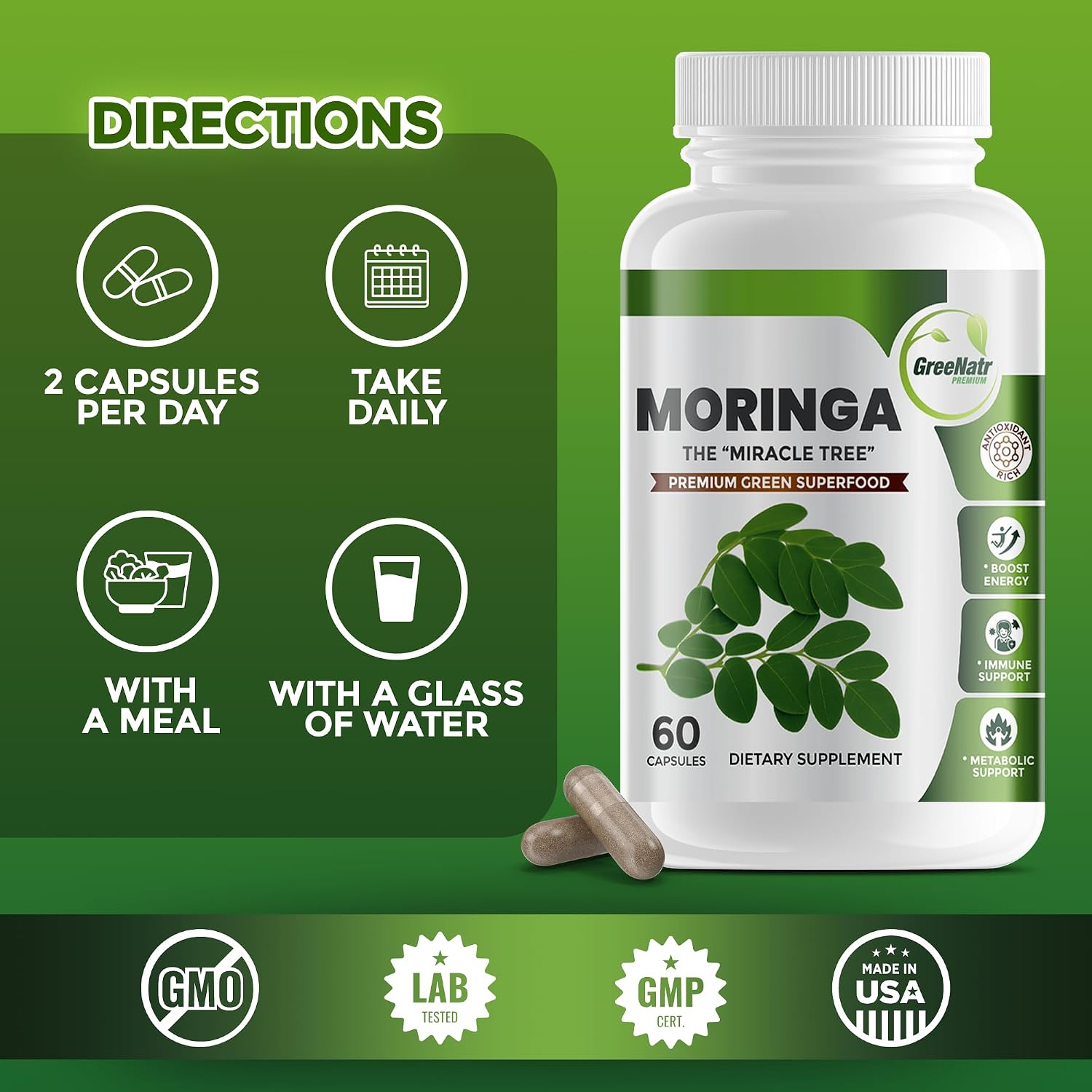 Cápsulas de Moringa Oleifera Pura - Superalimento Verde con Vitamina C, Omega 3 y Aminoácidos - 60 Cápsulas