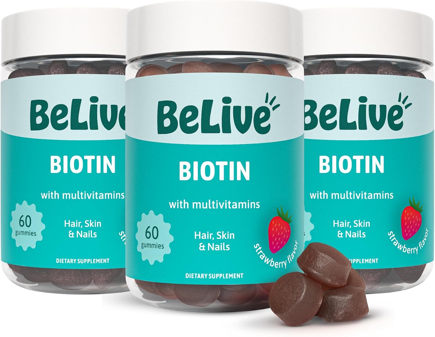 BeLive Biotin Gominolas - Vitaminas para Cabello, Piel y Uñas con A, C, D, E, B12, Zinc, Folato e Inositol - 5 Paquetes (300 Gominolas) - Sabor Fresa