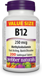 Webber Naturals Vitamina B12 250 mcg Metilcobalamina, 200 Comprimidos Sublinguales