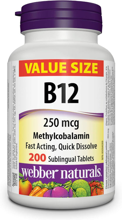 Webber Naturals Vitamina B12 250 mcg – Metabolismo energético: Contribuye al metabolismo energético normal, – Image 1