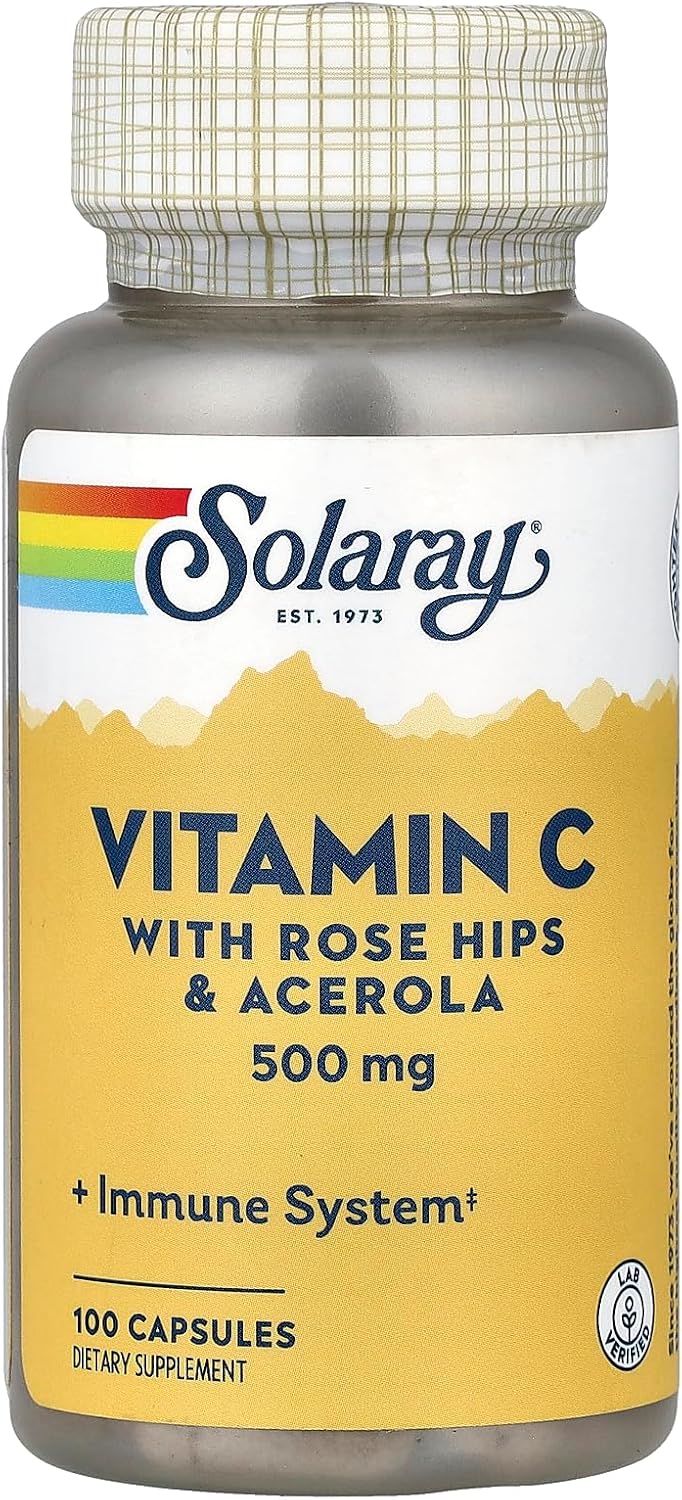 Solaray Vitamina C con Escaramujo y Acerola, 500 mg, 100 Cápsulas