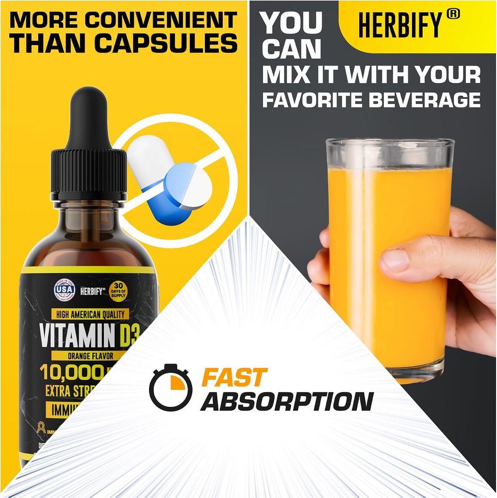 HERBIFY Vitamina D3 10000 UI - Gotas Líquidas - Salud Ósea e Inmunológica - 30 Días - 60 ml