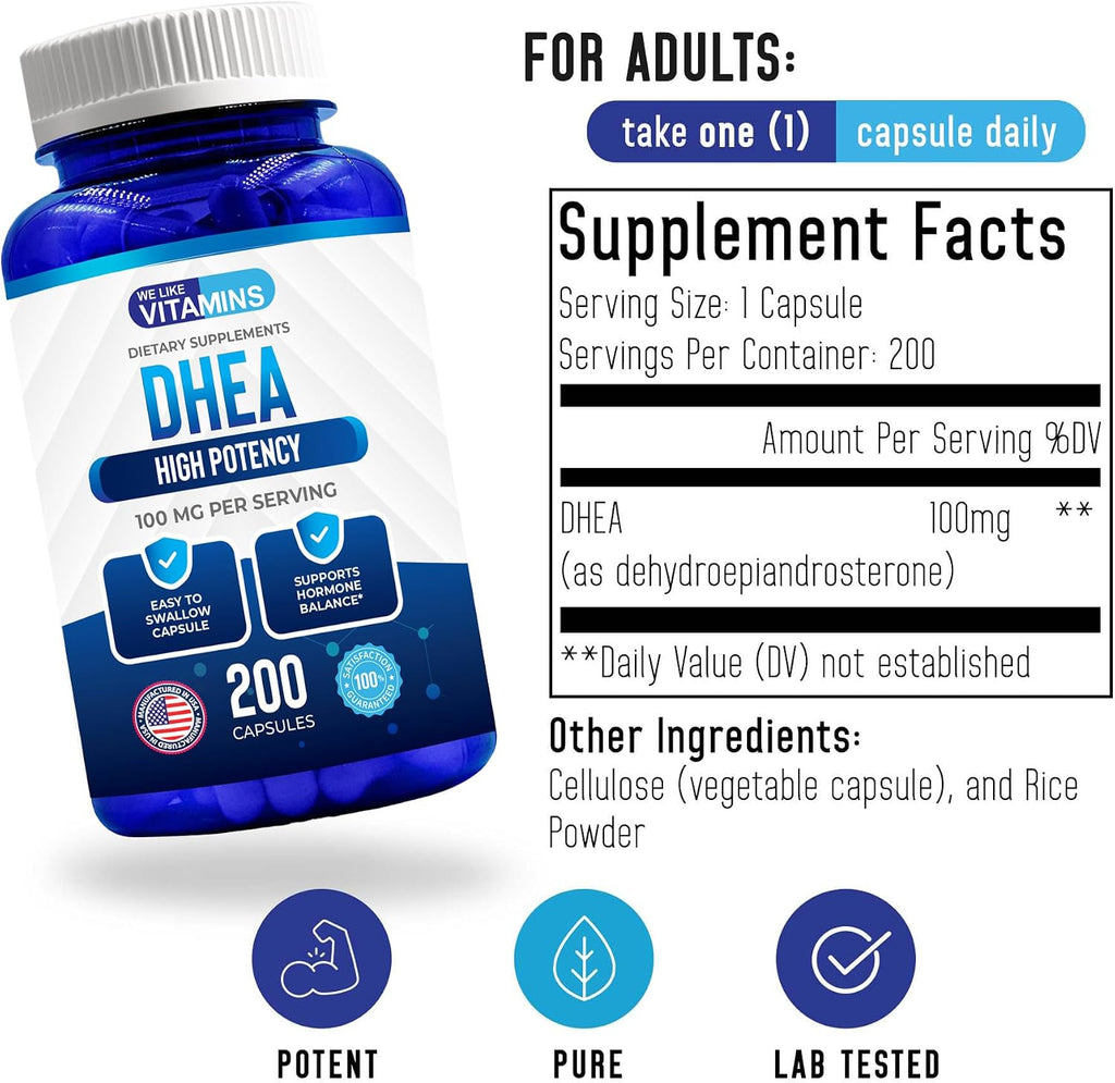DHEA 100 mg 200 Capsules - High Potency Dehydroepiandrosterone Supplement