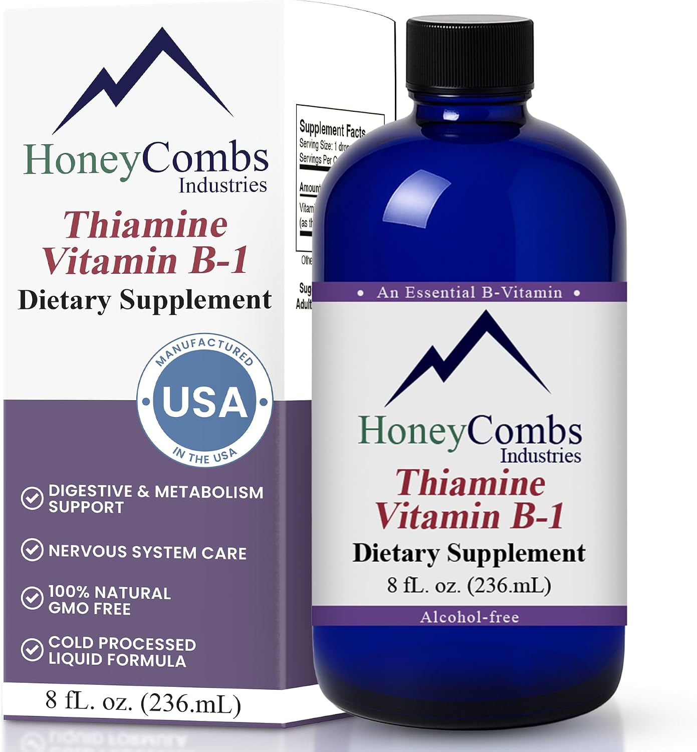 HoneyCombs Suplemento de Vitamina B1 (Tiamina) Gotas Líquidas - Alta Potencia para Hombres y Mujeres - Mantiene el Sistema Nervioso, la Energía y la Salud General - Vitaminas B Veganas (237 ml)