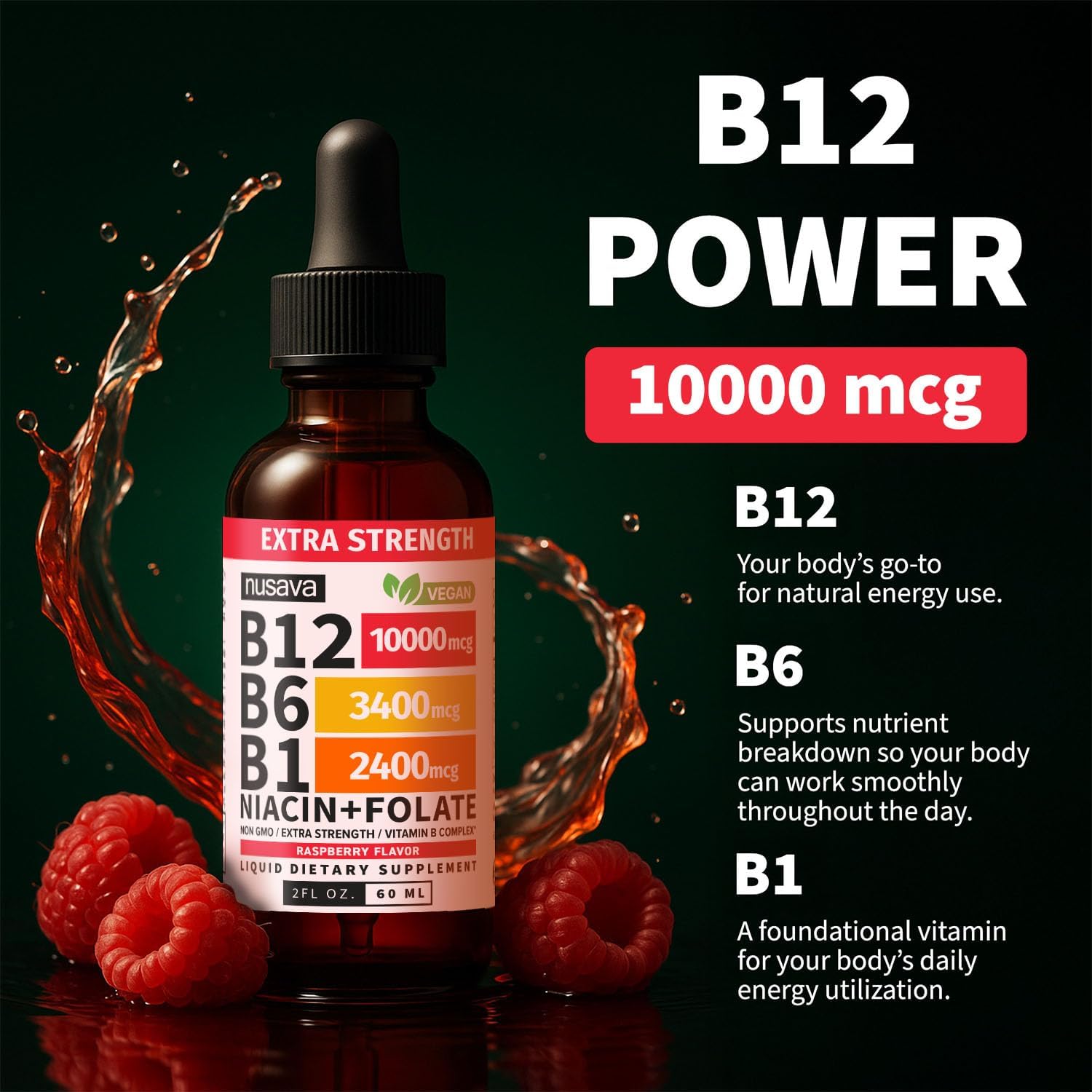 NUSAVA Complejo B12 Líquido Extra Fuerte 10000mcg - Gotas Sublinguales con Metilcobalamina, Sabor Frambuesa (Pack de 2)