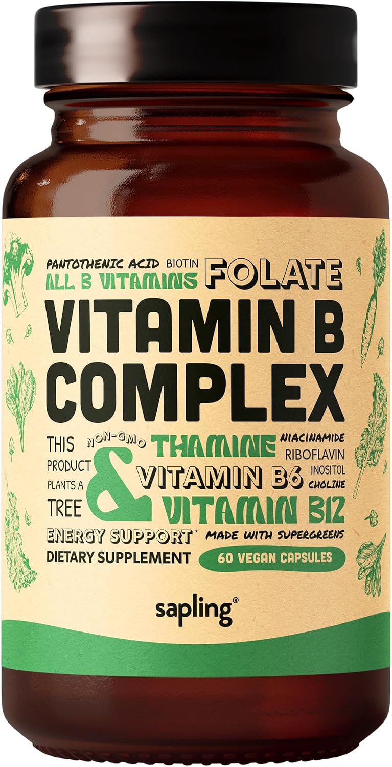 Sapling Complejo B Vegano - Mezcla de Alimentos Integrales con Vitaminas B1, B2, B3, B5, B6, B7, Folato, B12 - 60 Cápsulas