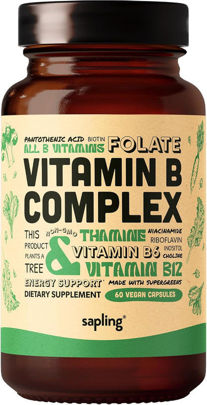 Sapling Complejo B Vegano - Mezcla de Alimentos Integrales con Vitaminas B1, B2, B3, B5, B6, B7, Folato, B12 - 60 Cápsulas – Image 1